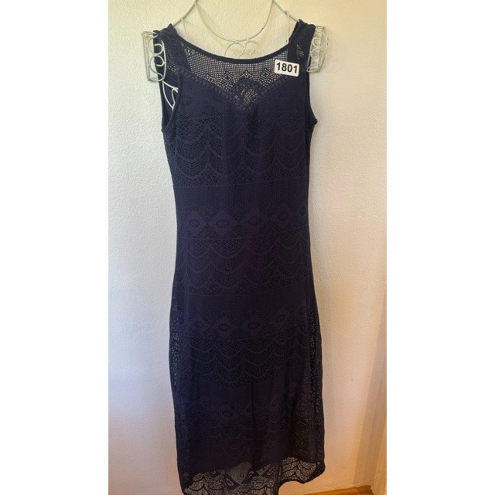 Xhilaration Lace Sleeveless Dress Womens Medium Blue Crochet Midi Fitted Overlay